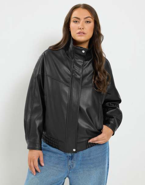 Yours Clothing Faux leather funnel neck jacket in black - view 1