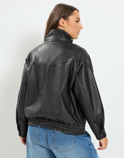 Yours Clothing Faux leather funnel neck jacket in black, 4 of 5