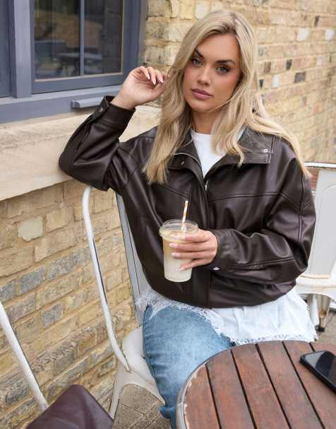 Yours Clothing Faux leather funnel neck jacket in brown - view 1