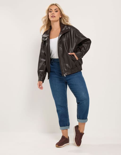 Yours Clothing Faux leather funnel neck jacket in brown, 2 of 4
