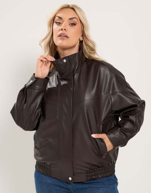 Yours Clothing Faux leather funnel neck jacket in brown, 3 of 4