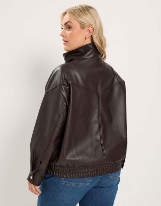 Yours Clothing Faux leather funnel neck jacket in brown, 4 of 4