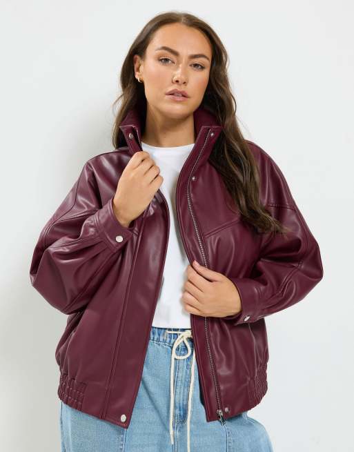 Yours Clothing Faux leather funnel neck jacket in red, 2 of 4