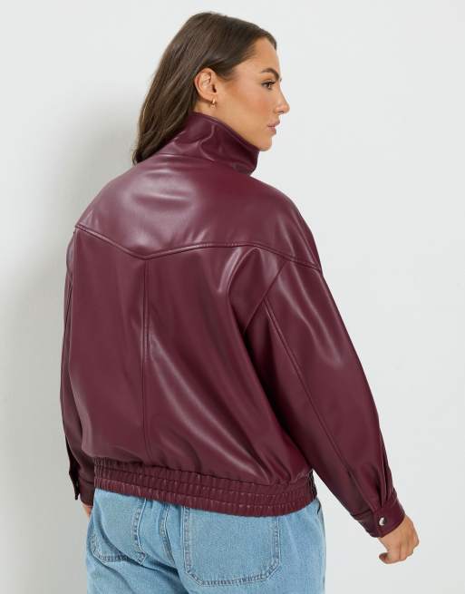 Yours Clothing Faux leather funnel neck jacket in red, 3 of 4
