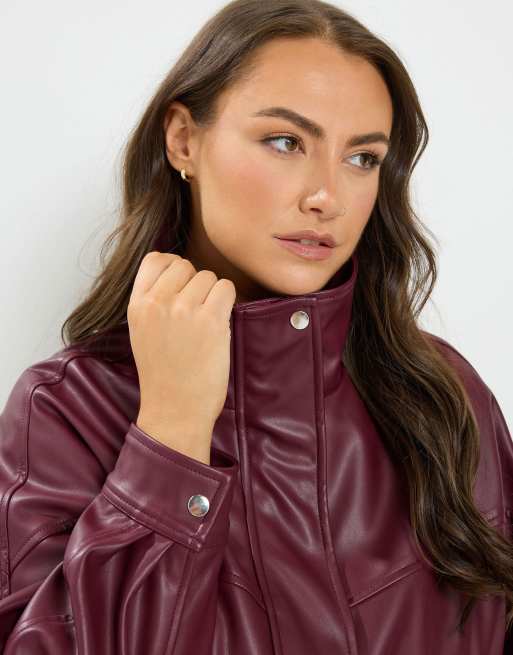 Yours Clothing Faux leather funnel neck jacket in red, 4 of 4