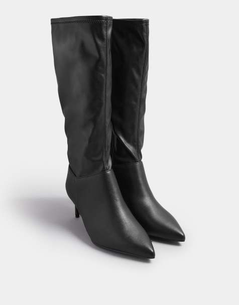 Yours Clothing Faux leather pointed kitten heel boots in extra wide eee fit in black - view 1