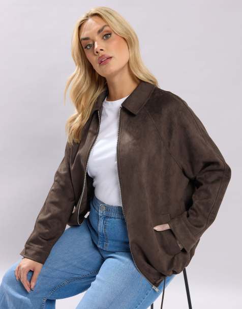 Yours Clothing Faux suede bomber jacket in brown - view 1