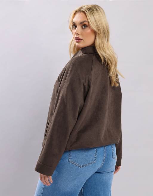 Yours Clothing Faux suede bomber jacket in brown, 4 of 4