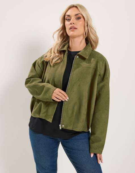 Yours Clothing Faux suede jacket in green - view 1
