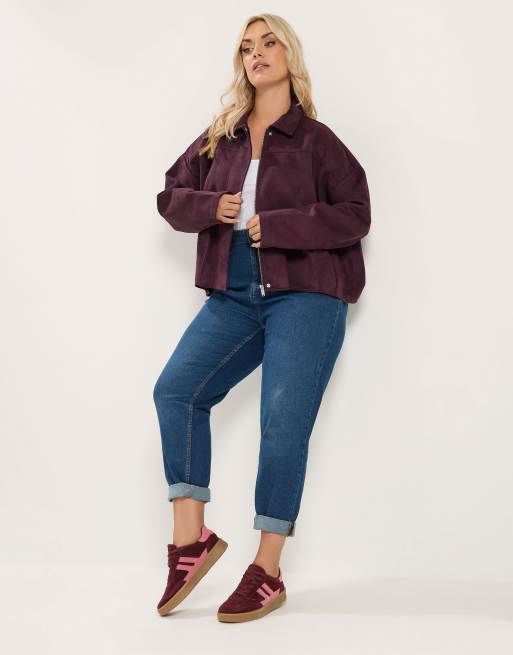 Yours Clothing Faux suede jacket in purple, 3 of 4