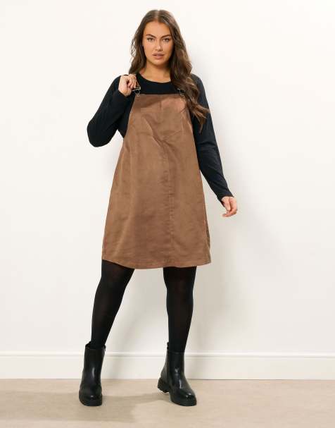 Yours Clothing Faux suede pinafore dress in brown - view 1