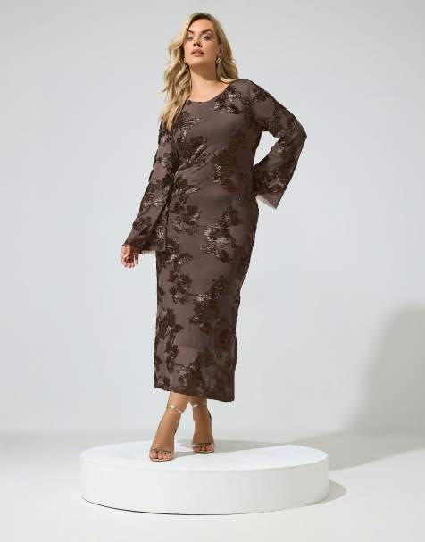 Yours Clothing Floral applique maxi dress in brown - view 1