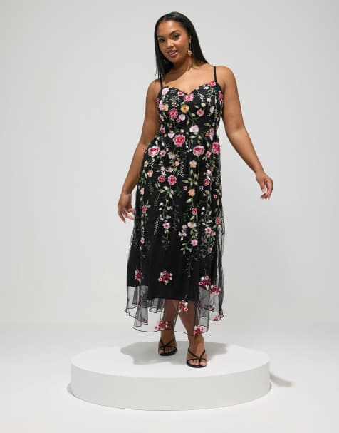 Yours Clothing Floral embroidered maxi dress in black