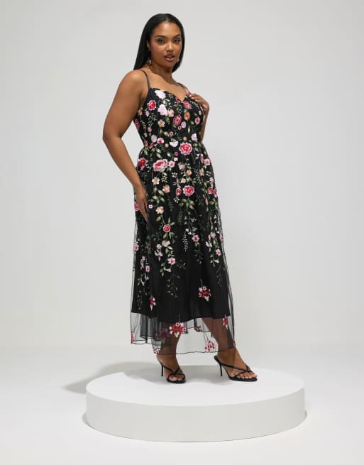 Yours Clothing Floral embroidered maxi dress in black, 4 of 4