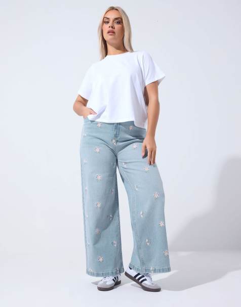 Yours Clothing Floral embroidered wide leg jeans in blue - view 1