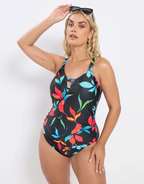 Yours Clothing Floral strap detail swimsuit in black - view 1