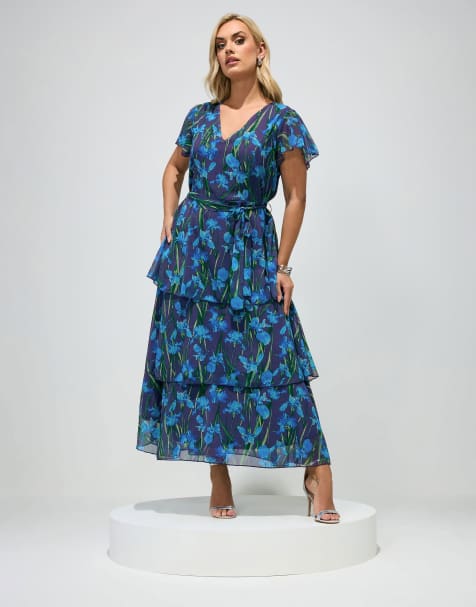 Yours Clothing Floral tiered maxi dress in blue - view 1