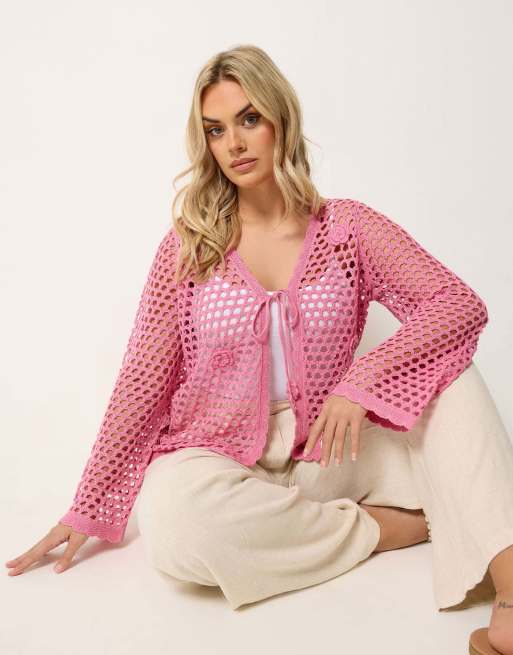 Yours Clothing Flower applique cardigan in pink, 3 of 4