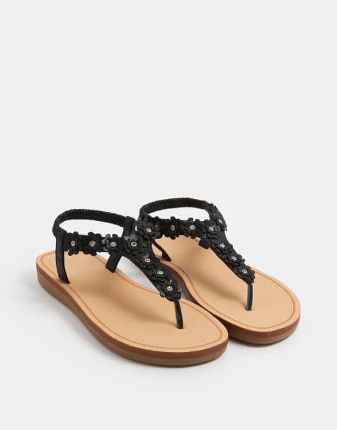 Yours Clothing Flower detail diamante sandals in wide e fit in black - view 1