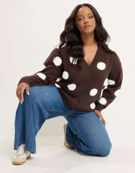 Yours Clothing Fluffy polka dot knitted cardigan in brown - view 1