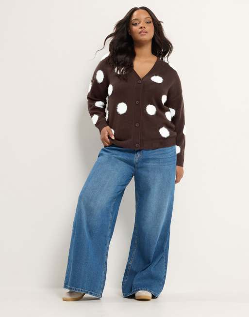 Yours Clothing Fluffy polka dot knitted cardigan in brown, 2 of 4