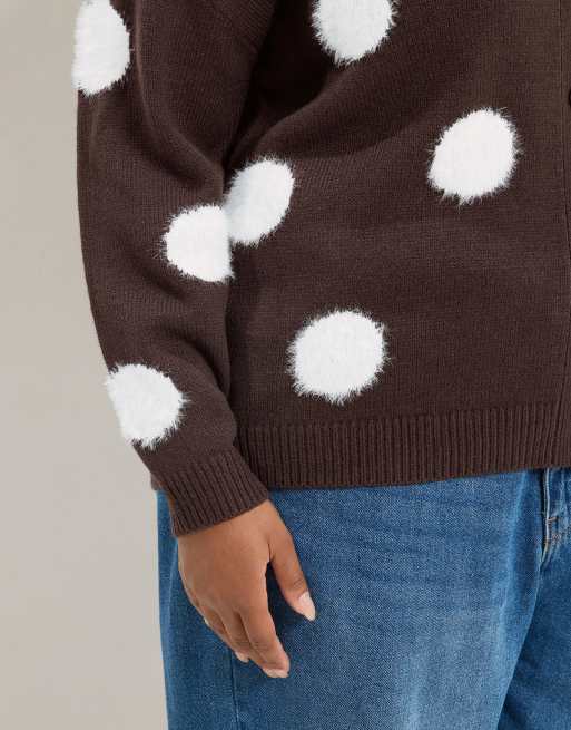 Yours Clothing Fluffy polka dot knitted cardigan in brown, 4 of 4