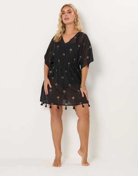 Yours Clothing Foil detail beach kimono in black - view 1