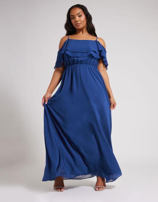 Yours Clothing Frill cold shoulder maxi dress in blue, 2 of 4