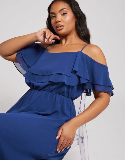 Yours Clothing Frill cold shoulder maxi dress in blue, 3 of 4