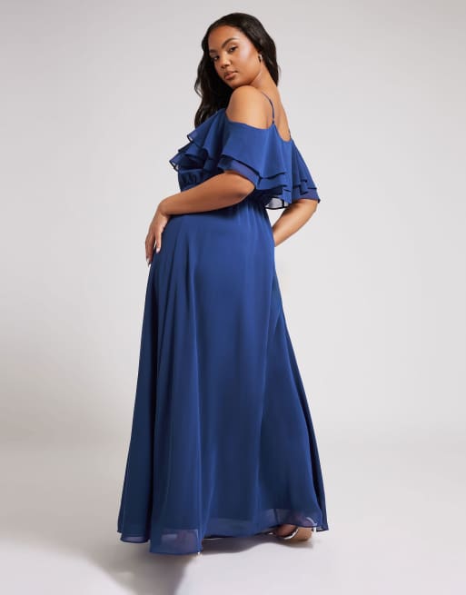 Yours Clothing Frill cold shoulder maxi dress in blue, 4 of 4