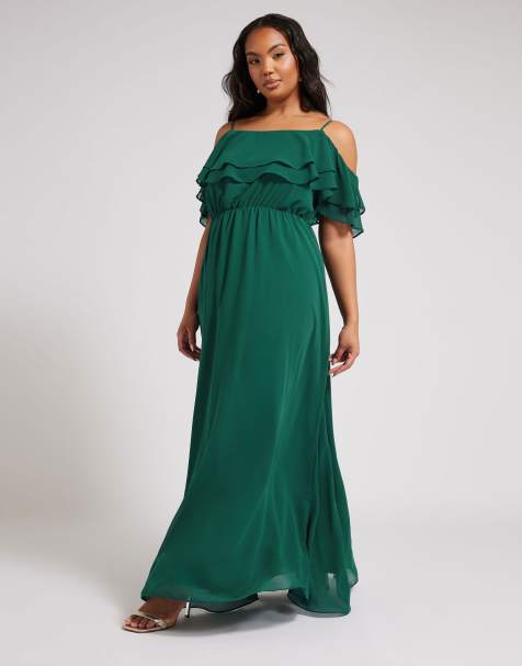 Yours Clothing Frill cold shoulder maxi dress in green