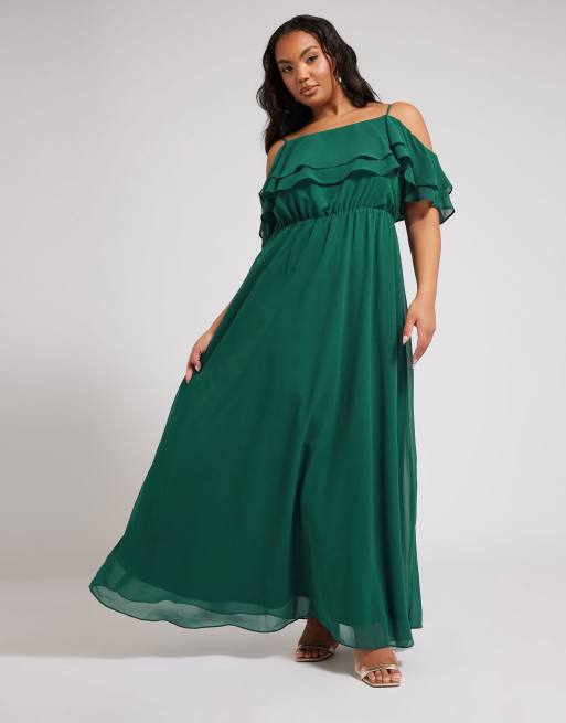 Yours Clothing Frill cold shoulder maxi dress in green, 2 of 4