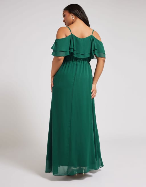 Yours Clothing Frill cold shoulder maxi dress in green, 3 of 4