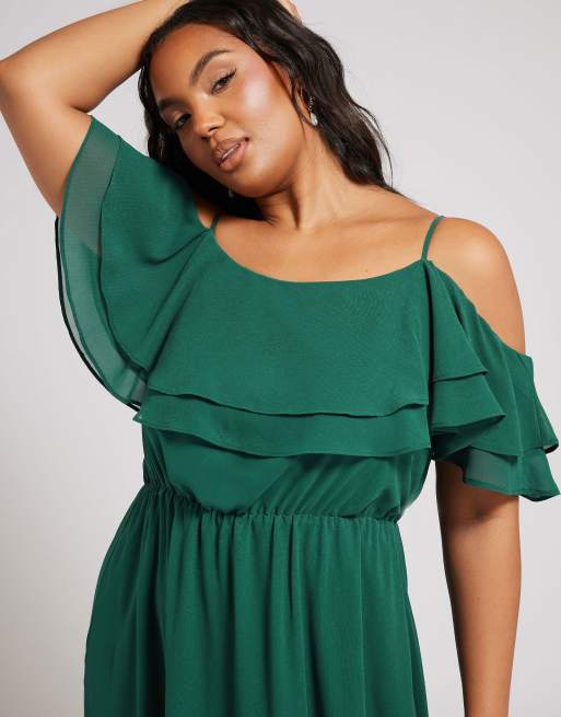 Yours Clothing Frill cold shoulder maxi dress in green, 4 of 4