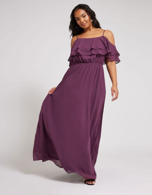 Yours Clothing Frill cold shoulder maxi dress in purple | ASOS