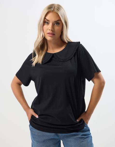 Yours Clothing Frill collar top in black - view 1