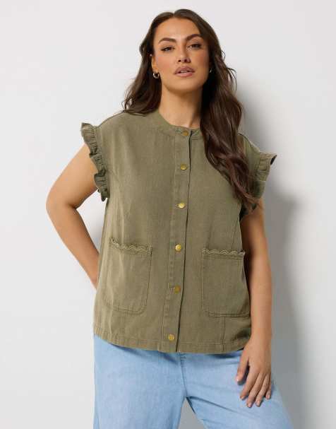 Yours Clothing Frill sleeve denim waistcoat in green