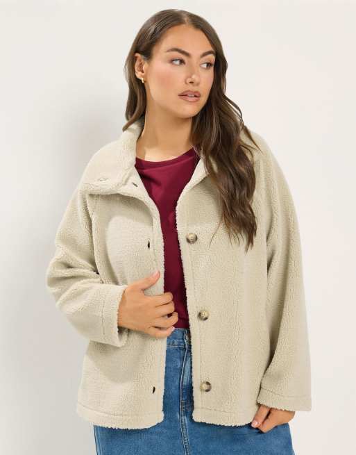 Yours Clothing Funnel neck borg jacket in ivory, 2 of 4