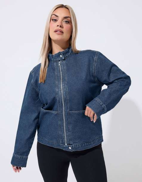 Yours Clothing Funnel neck denim jacket in blue - view 1