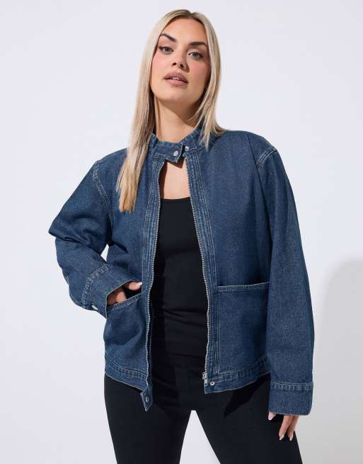 Yours Clothing Funnel neck denim jacket in blue, 2 of 4