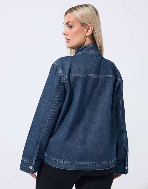 Yours Clothing Funnel neck denim jacket in blue, 4 of 4