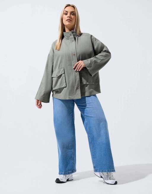 Yours Clothing Funnel neck shacket in grey, 3 of 4