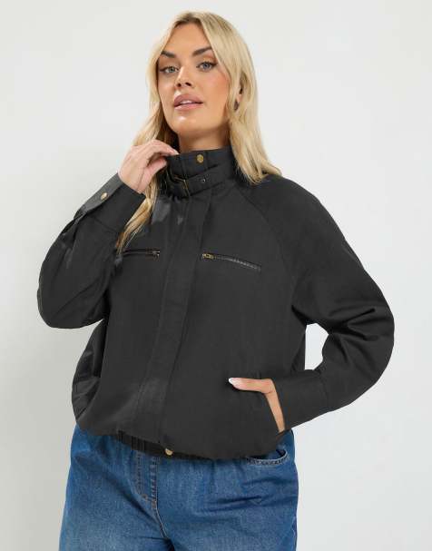Yours Clothing Funnel neck twill shacket in black - view 1