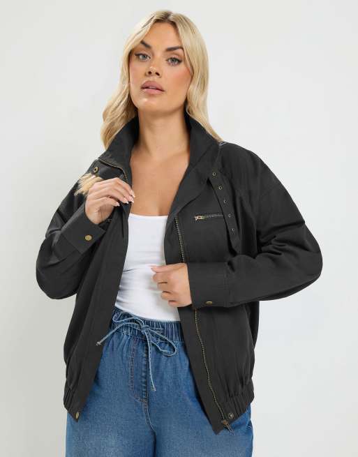 Yours Clothing Funnel neck twill shacket in black, 2 of 4