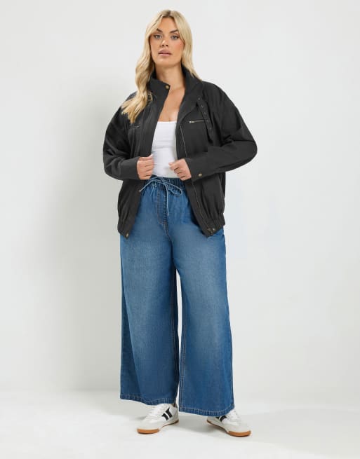 Yours Clothing Funnel neck twill shacket in black, 3 of 4
