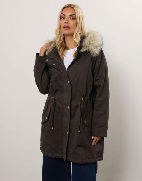 Yours Clothing Fur trim parka coat in brown - view 1