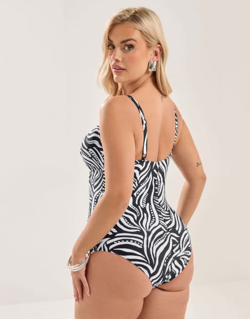 Yours Clothing Geometric print swimsuit in black, 3 of 4