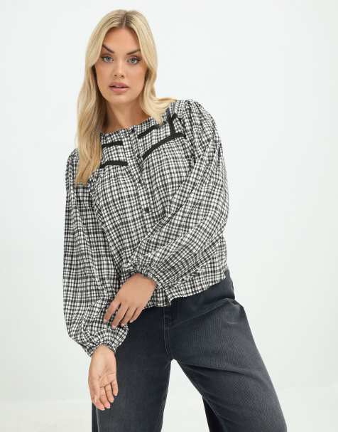 Yours Clothing Gingham button through blouse in black - view 1