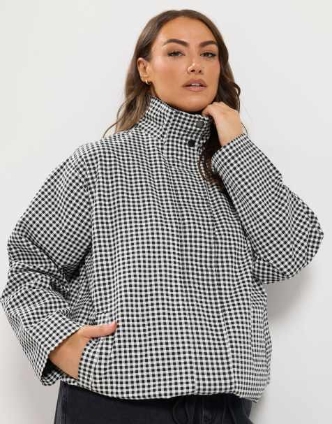 Yours Clothing Gingham funnel neck jacket in black - view 1