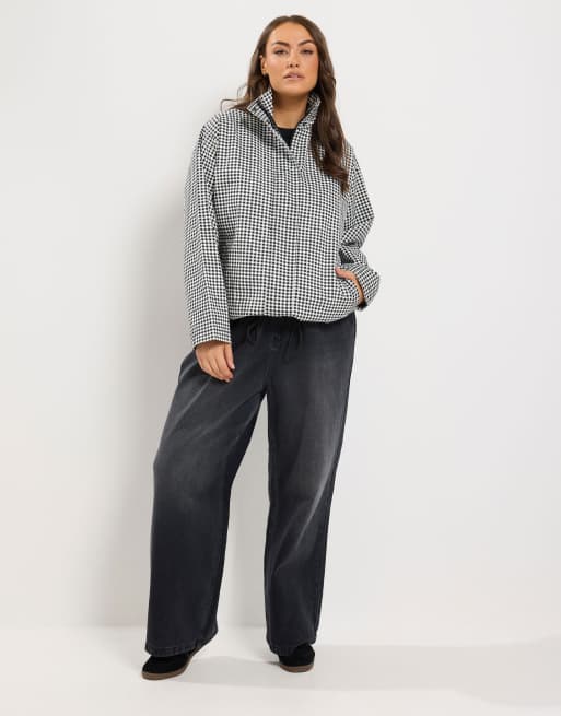 Yours Clothing Gingham funnel neck jacket in black, 3 of 5